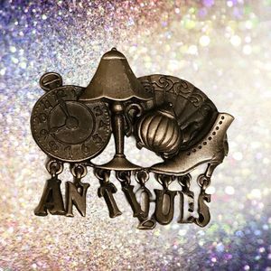 Vintage OAJC Jewelry Pewter Pin Brooch ANTIQUES with Dangle Letters